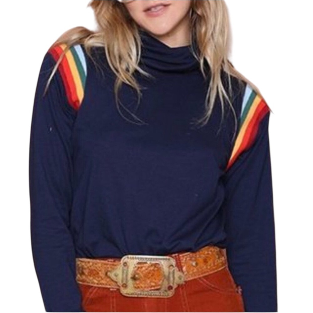 CAMP COLLECTION Navy Betty 70s Rainbow Turtleneck Long Sleeve Top Size Medium